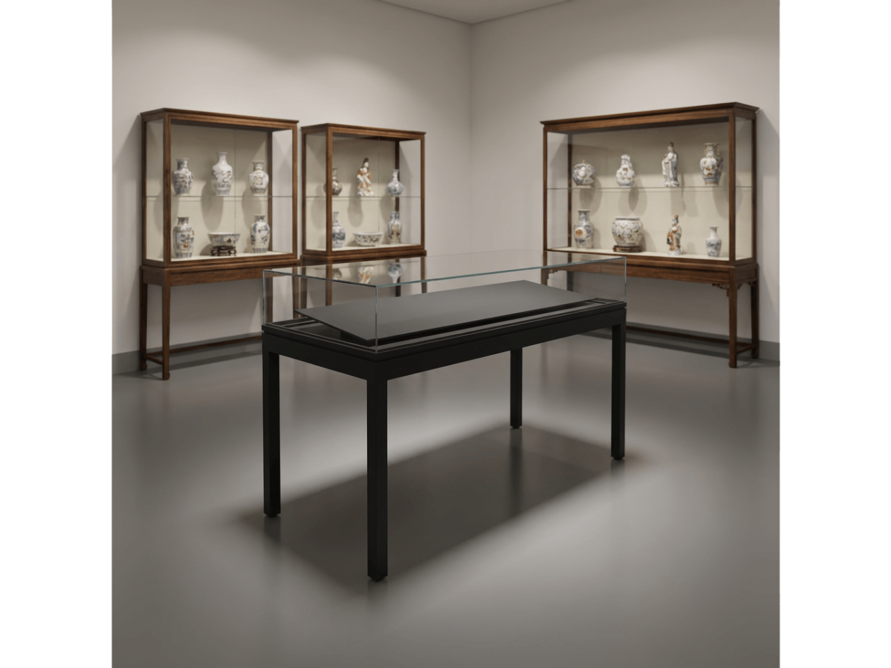 Glass table top display cabinets
